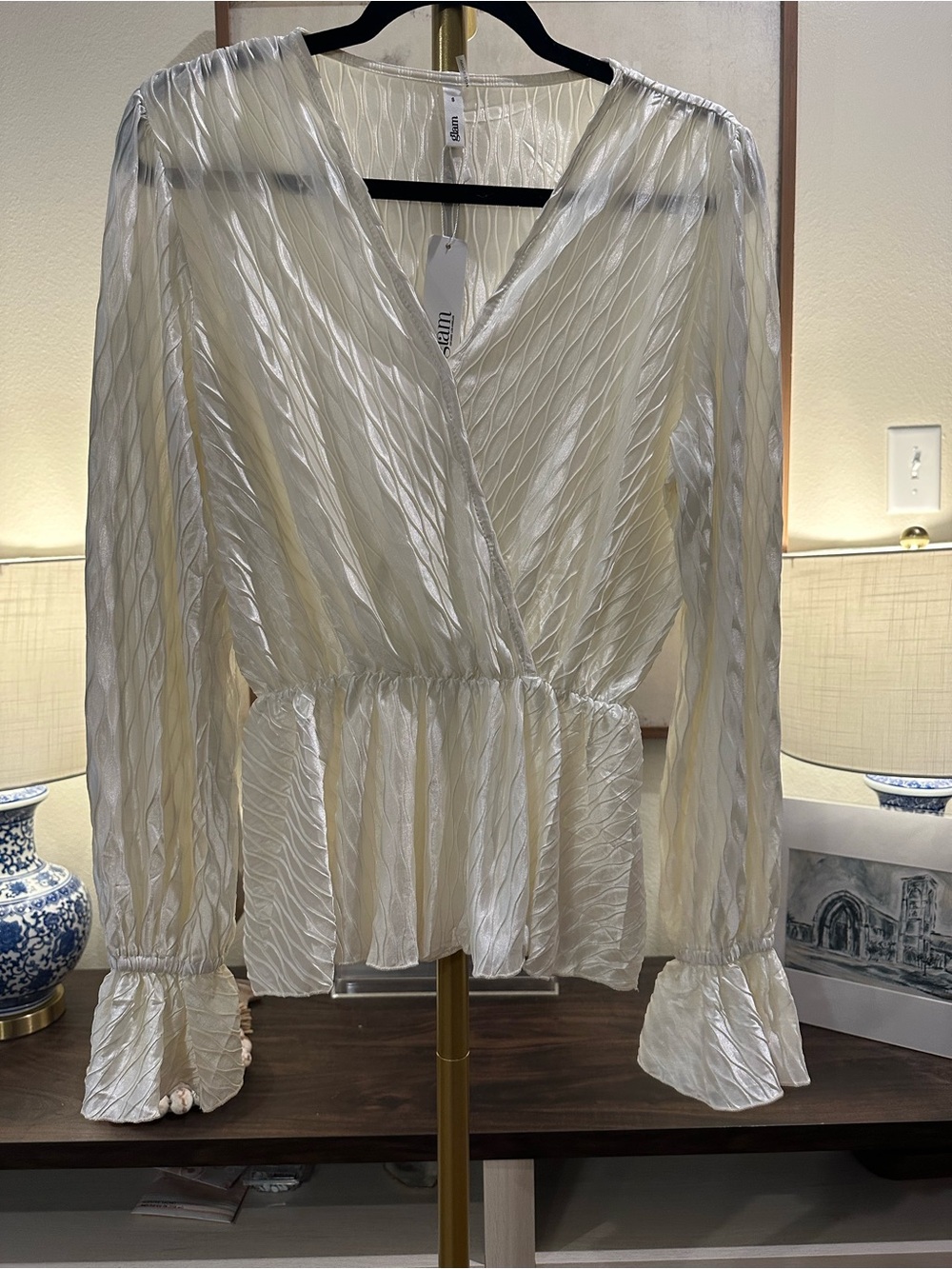 Ivory Pleated Wrap Blouse with V Neck